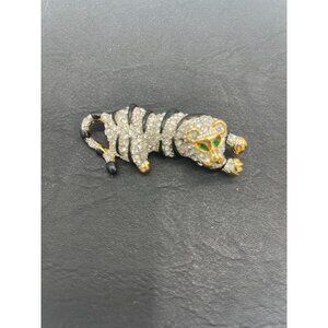 Vintage Black and White Tiger Brooch Pin Green Eyes